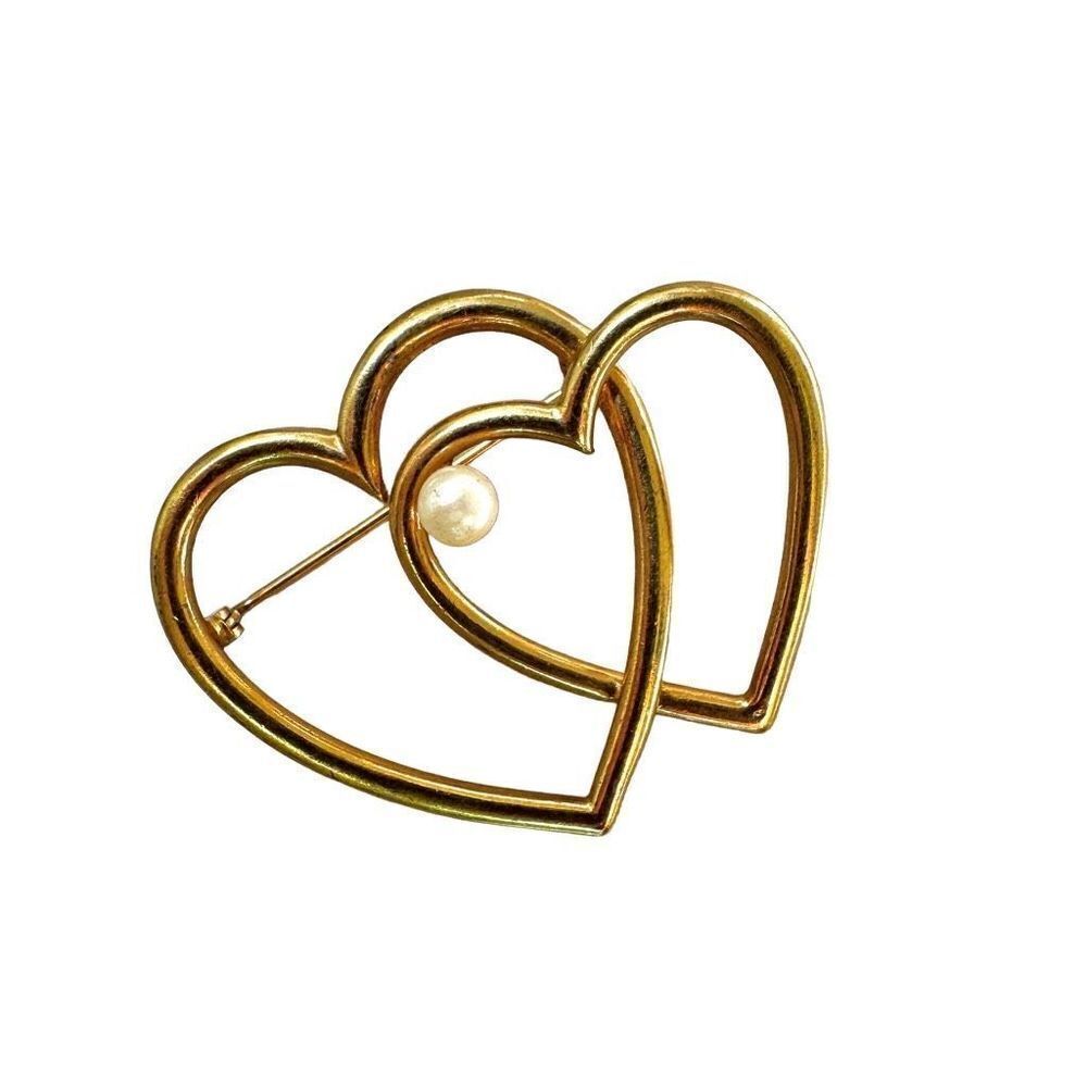 Gold tone double heart faux pearl vintage brooch